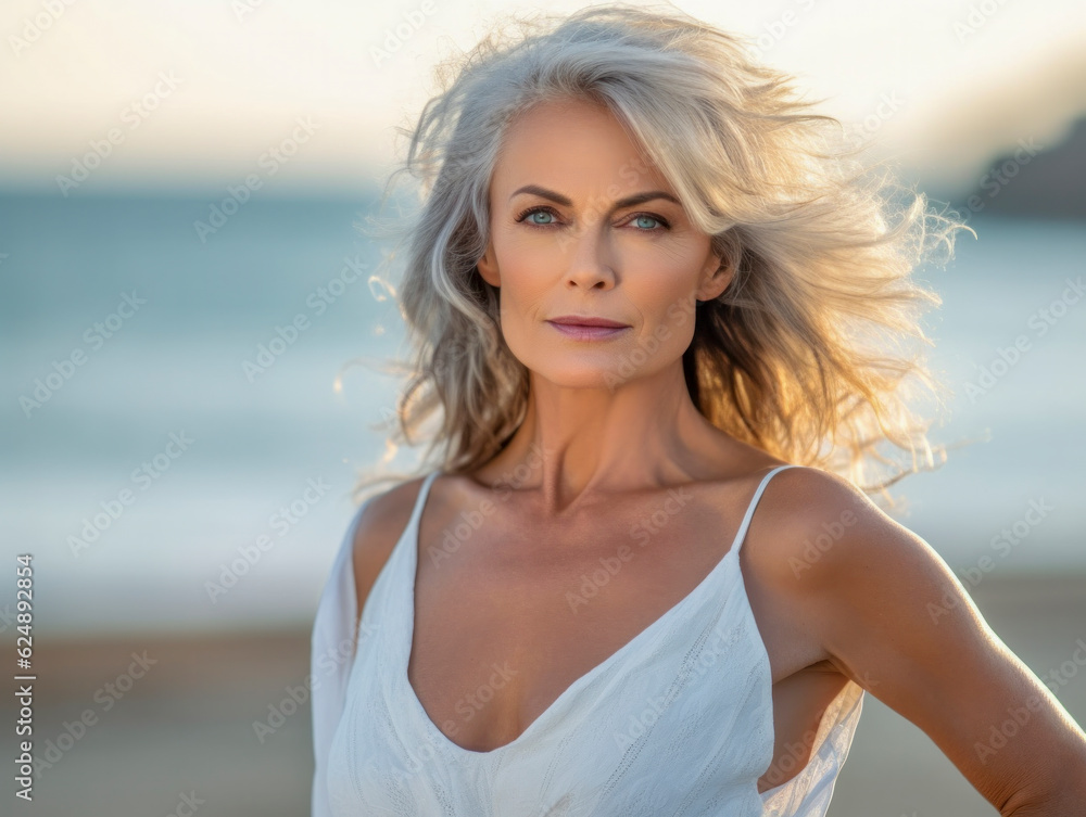 Gut aussehende ältere grauhaarige Frau am Strand, Generative AI Gut aussehende ältere grauhaarige Frau am Strand, Generative AI