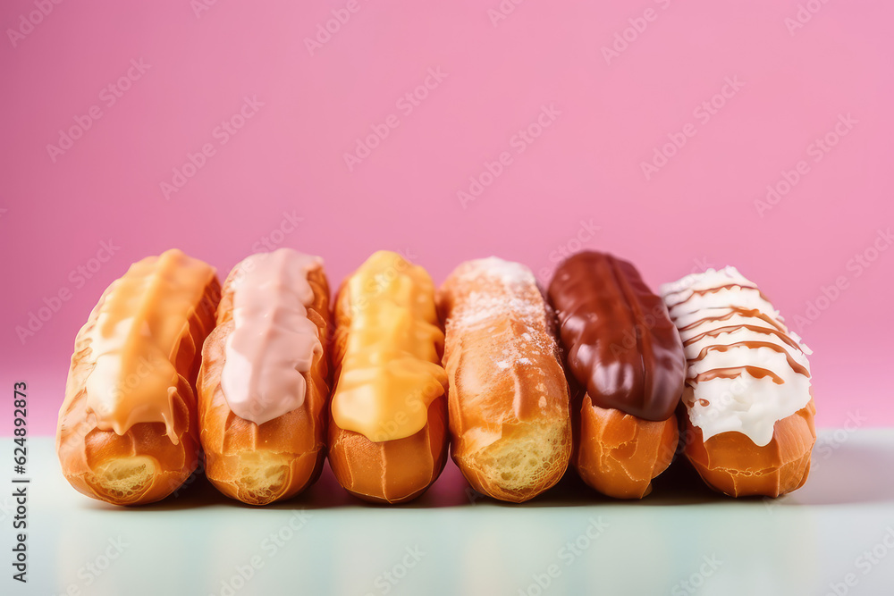 Delicious eclairs with custard on flat background with copy space ...