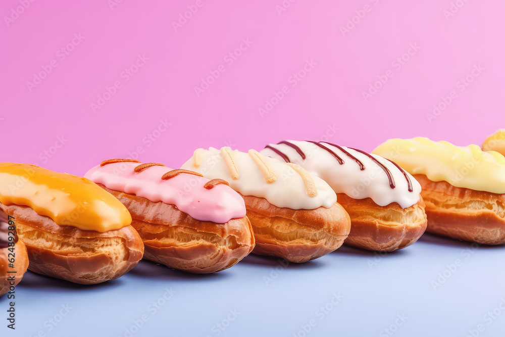Delicious eclairs with custard on flat background with copy space ...