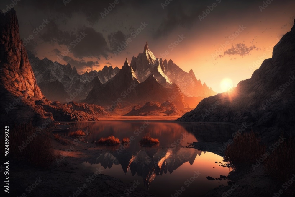 majestic mountain range, with the sun setting behind it, providing a tranquil contrast to the rugged peaks, created with generative ai