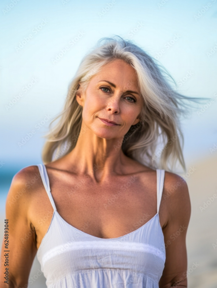 Gut aussehende ältere grauhaarige Frau am Strand, Generative AI Gut aussehende ältere grauhaarige Frau am Strand, Generative AI