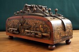 vintage hurdy-gurdy with intricate wood engravings, created with generative ai
