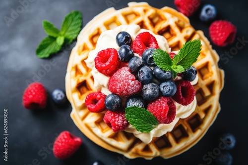 waffle with ice cream and fresh berries 