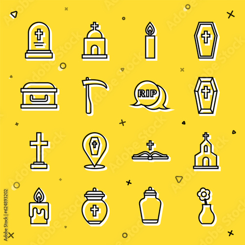 Set line Flower in vase, Church building, Coffin with cross, Burning candle, Scythe, Grave tombstone and Speech bubble rip death icon. Vector