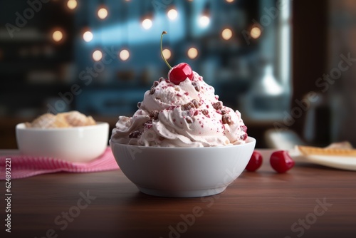 Whipped Cream Dream  Ice Cream with Cherry on Simple Ceramic Bowl  Wooden Table with Illuminated Background