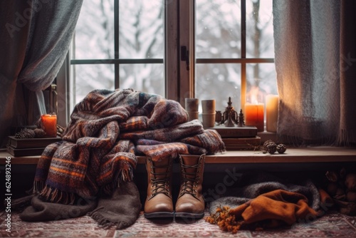 winter boots and scarves on a cozy blanket indoors  created with generative ai