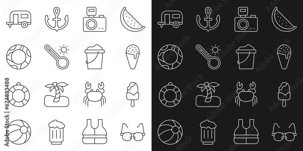 Set line Glasses, Ice cream, in waffle cone, Photo camera with flash, Meteorology thermometer, Rubber swimming ring, Rv Camping trailer and Sand bucket icon. Vector Set line Glasses, Ice cream, in waffle cone, Photo camera with flash, Meteorology thermometer, Rubber swimming ring, Rv Camping trailer and Sand bucket icon. Vector