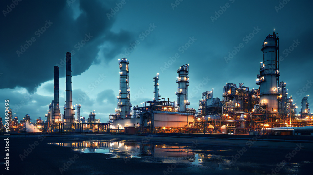 Oil refinery plant, Chemical Complex, Production Facility at night