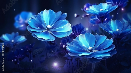 Dreamy iridescent blue flowers. Bioluminescent garden and butterflies. Abstract floral background wallpaper, Generative Ai