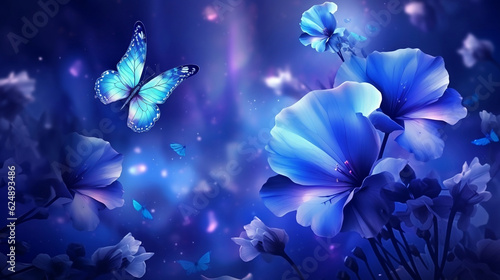 Dreamy iridescent blue flowers. Bioluminescent garden and butterflies. Abstract floral background wallpaper, Generative Ai