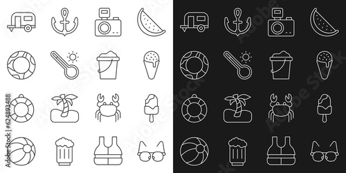 Set line Glasses, Ice cream, in waffle cone, Photo camera with flash, Meteorology thermometer, Rubber swimming ring, Rv Camping trailer and Sand bucket icon. Vector