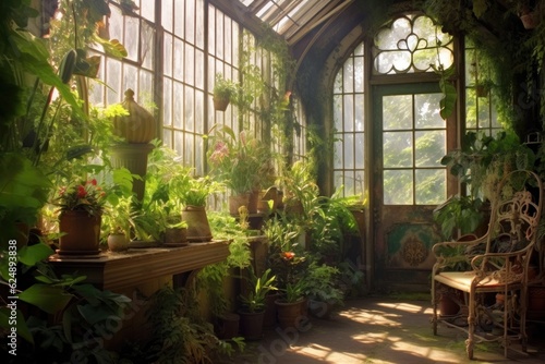 sunlit victorian greenhouse with lush green plants, created with generative ai