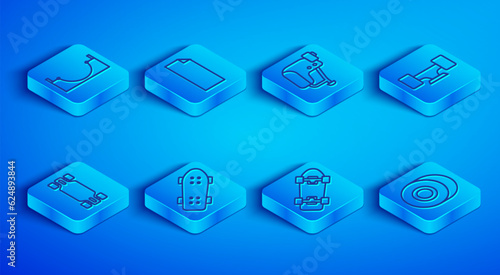 Set line Skate park, Grip tape on skateboard, Skateboard helmet, wheel, Longboard or and icon. Vector
