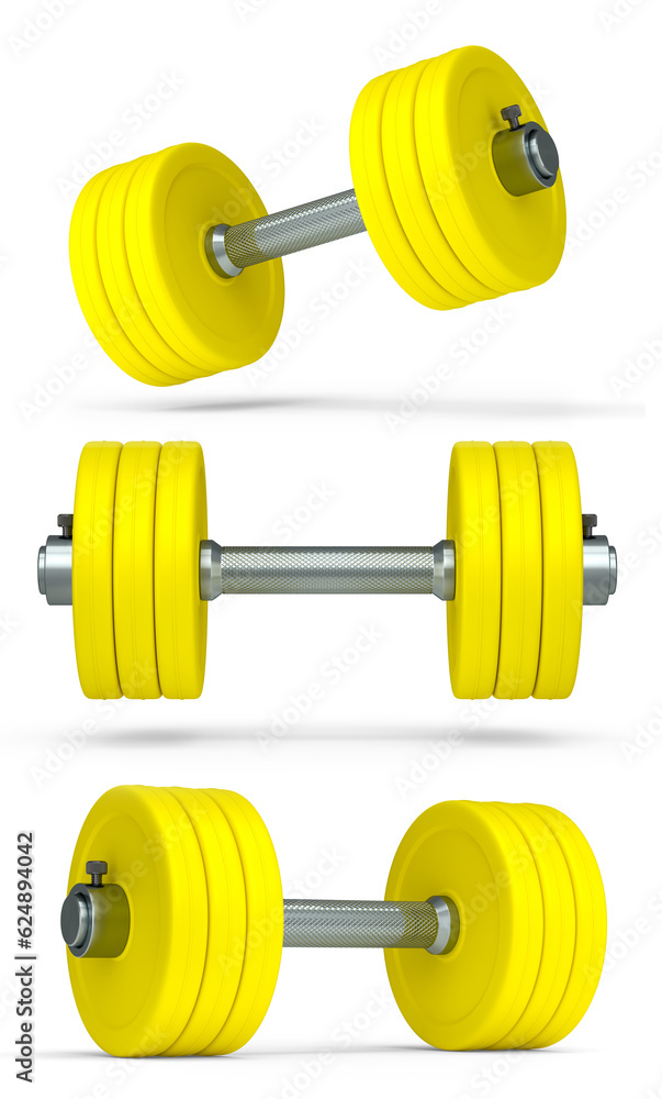 Set of dumbbells with rubber disks isolated on white background Set of dumbbells with rubber disks isolated on white background