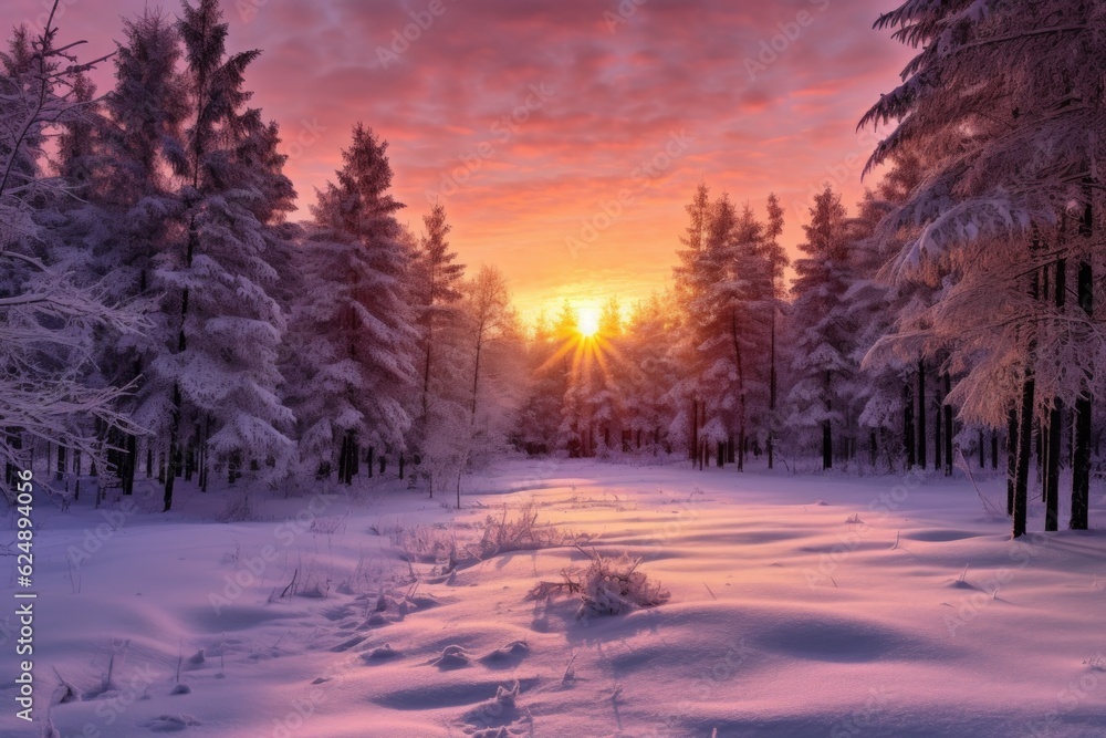 winter sunrise illuminating snow-covered pines, created with generative ai