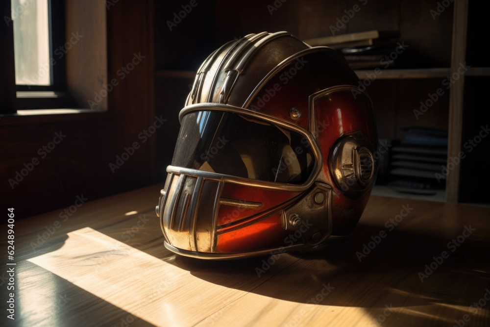 Fototapeta premium sunlight casting shadows on a retro helmet, created with generative ai