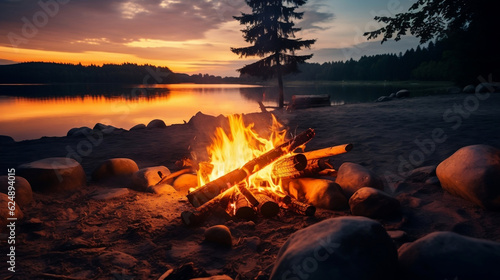 Glowing campfire by the lake. Sunset with open flames, fire, and logs. Camping on the beach at night. Serene lake landscape, Generative Ai