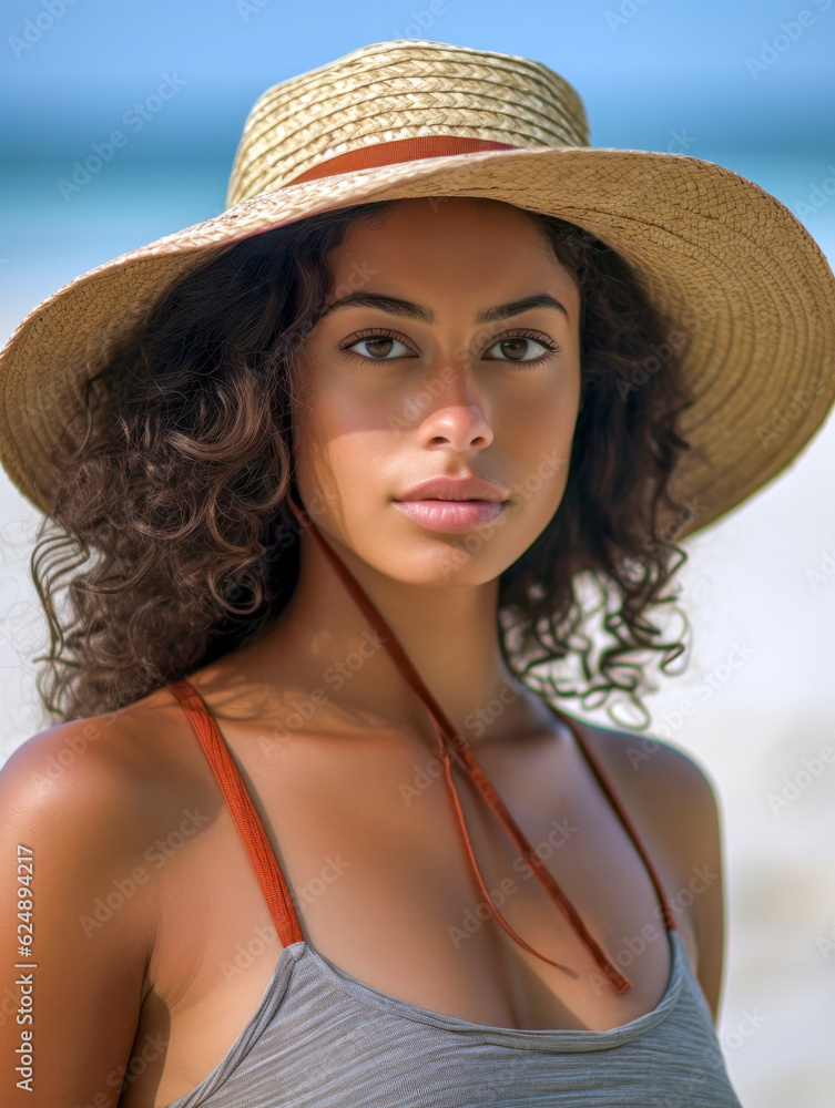 Gut aussehende Frau mit schöner gebräunter Haut am Strand. Modisches brasilianisches Mädchen. Generative AI
