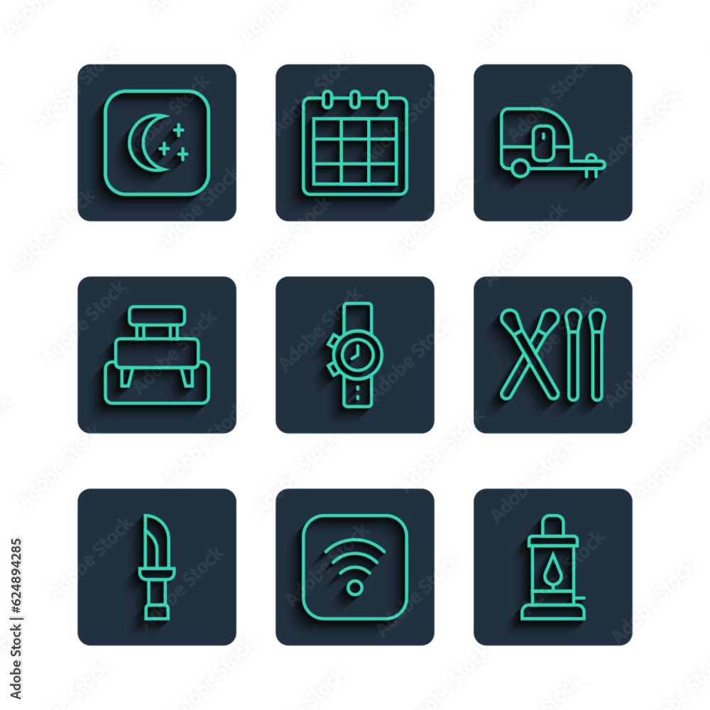 Set line Knife, Wi-Fi wireless internet, Camping lantern, Rv trailer, Wrist watch, Bench, Moon and stars and Match stick icon. Vector Set line Knife, Wi-Fi wireless internet, Camping lantern, Rv trailer, Wrist watch, Bench, Moon and stars and Match stick icon. Vector