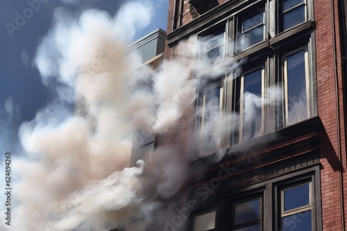 smoke billowing from a window in a city building, contrasting with clear sky, created with generative ai © Alfazet Chronicles