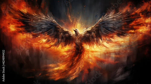 Rising Phoenix in flames. Abstract bird flying from the fire and ashes, Generative Ai photo