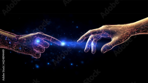Human Hand Touching Fingers with a Cyborg, Humanity and Technology Connection Digital Concept Render