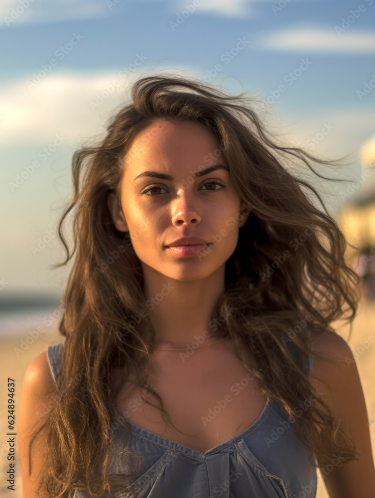 Gut aussehende Frau mit schöner gebräunter Haut am Strand. Modisches brasilianisches Mädchen. Generative AI Gut aussehende Frau mit schöner gebräunter Haut am Strand. Modisches brasilianisches Mädchen. Generative AI