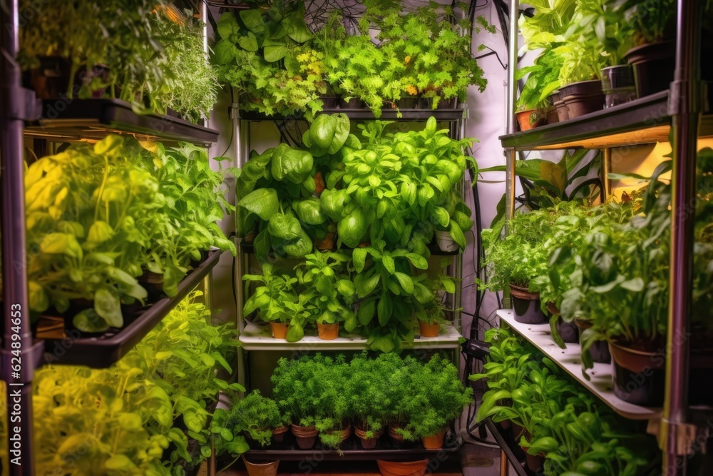 variety of herbs growing in a compact vertical farming setup, created with generative ai