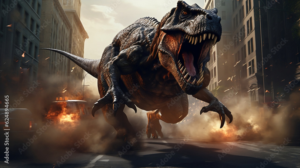 Obraz premium Tyrannosaurus Rex dinosaur. Destruction of city street. Dangerous monster attacks. 3D Prehistoric mayhem, Generative Ai