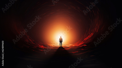 Staring into the abyss. Light at the end of the tunnel. Abstract silhouette background wallpaper, Generative Ai