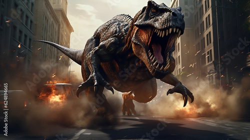 Tyrannosaurus Rex dinosaur. Destruction of city street. Dangerous monster attacks. 3D Prehistoric mayhem  Generative Ai