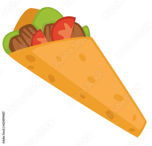 Kebab or burrito wrap with meat and tomatoes cuts