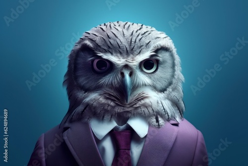 Anthropomorphic owl dressed in a suit like a businessman. Business Concept. AI generated, human enhanced photo