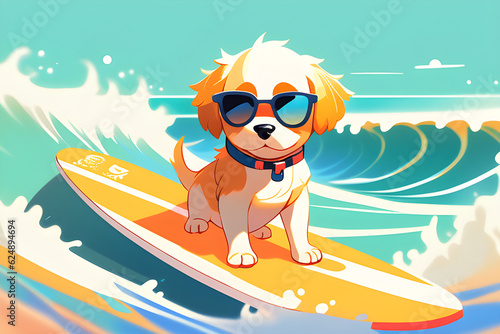 a puppy wearing sunglasses and surfing in the sea Generative AI © 정영 김