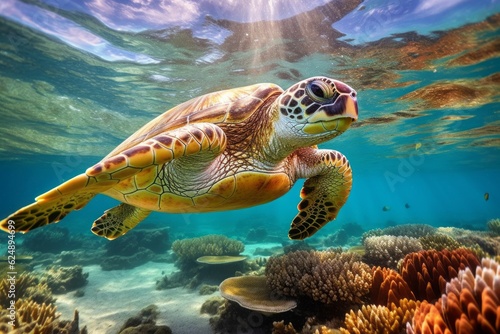 Beautiful turtle under sea water. AI generated, human enhanced. © top images