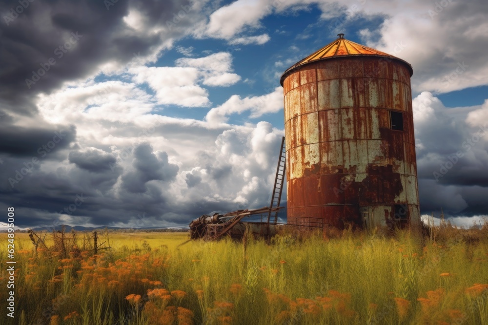 abandoned, rusted silo against cloudy sky, created with generative ai abandoned, rusted silo against cloudy sky, created with generative ai