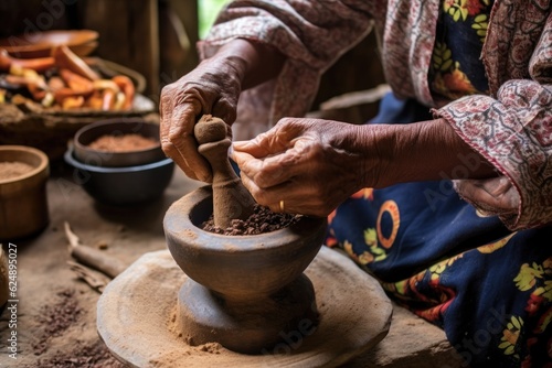 grinding coffee beans using a traditional mortar and pestle, created with generative ai