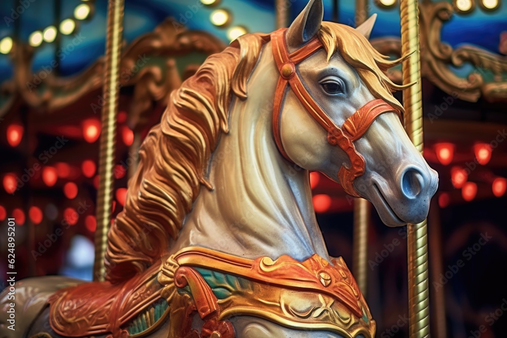 carousel horse with golden mane and tail in focus, created with generative ai