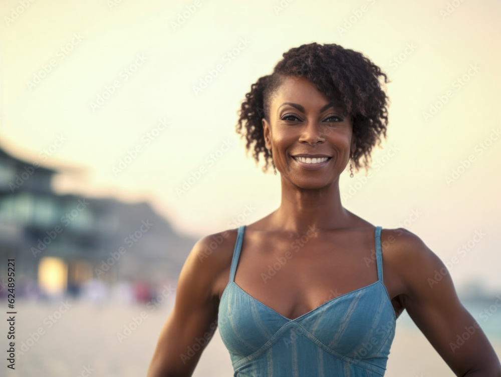 Gut aussehende ältere Frau mit dunkler Haut am Strand, Generative AI Gut aussehende ältere Frau mit dunkler Haut am Strand, Generative AI