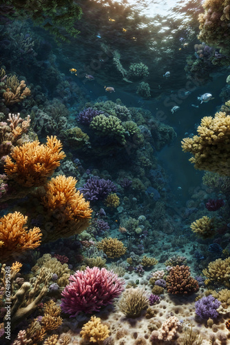 Undewater world landscape, reef, sea bottom with corals and seaweeds