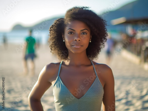 Gut aussehende Frau mit dunkler Haut am Strand. Modisches brasilianisches Mädchen. Generative AI