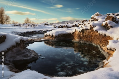 Wallpaper Mural ice and snow melting around the edge of a hot spring, created with generative ai Torontodigital.ca