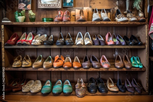 retro shoes neatly displayed on wooden shelves, created with generative ai