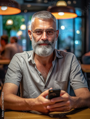 Bärtiger Mann mit Smartphone in einem Café. Generative KI