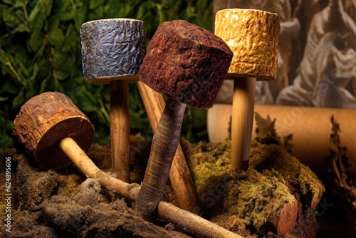 wooden mallets used to pound mulberry bark fibers, created with generative ai photo