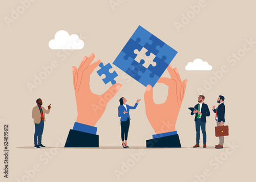 Hand businessman and business people keeps puzzle. Teamwork, partnership and solution concept. Vector illustration.