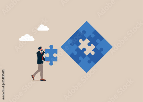 Businessman holding jigsaw piece. Teamwork, partnership and solution concept. Flat design. Vector illustration.