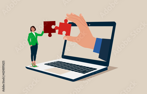 Woman and through the laptop coworker solve jigsaw puzzle together. Collaboration or partnership, get business, investment. Flat vector illustration.