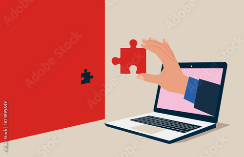 Businessman through the laptop keeps  puzzle. Wrong solution business. Insufficient size of jigsaw puzzle. problem challenge. Vector illustration