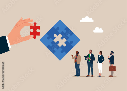 Businessman holding jigsaw piece. Teamwork, partnership and solution concept. Flat design. Vector illustration.
